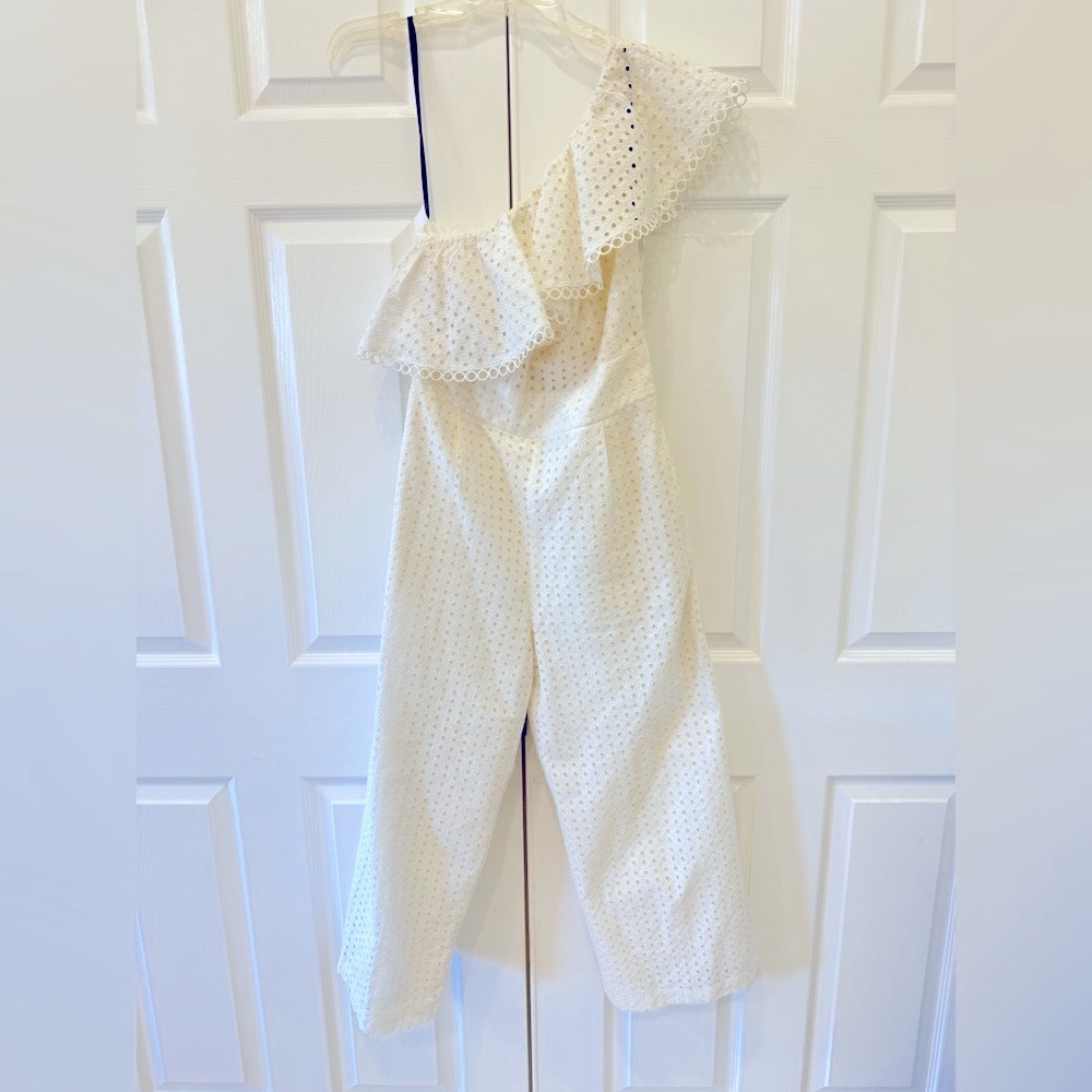 White eyelet one shoulder jumpsuit